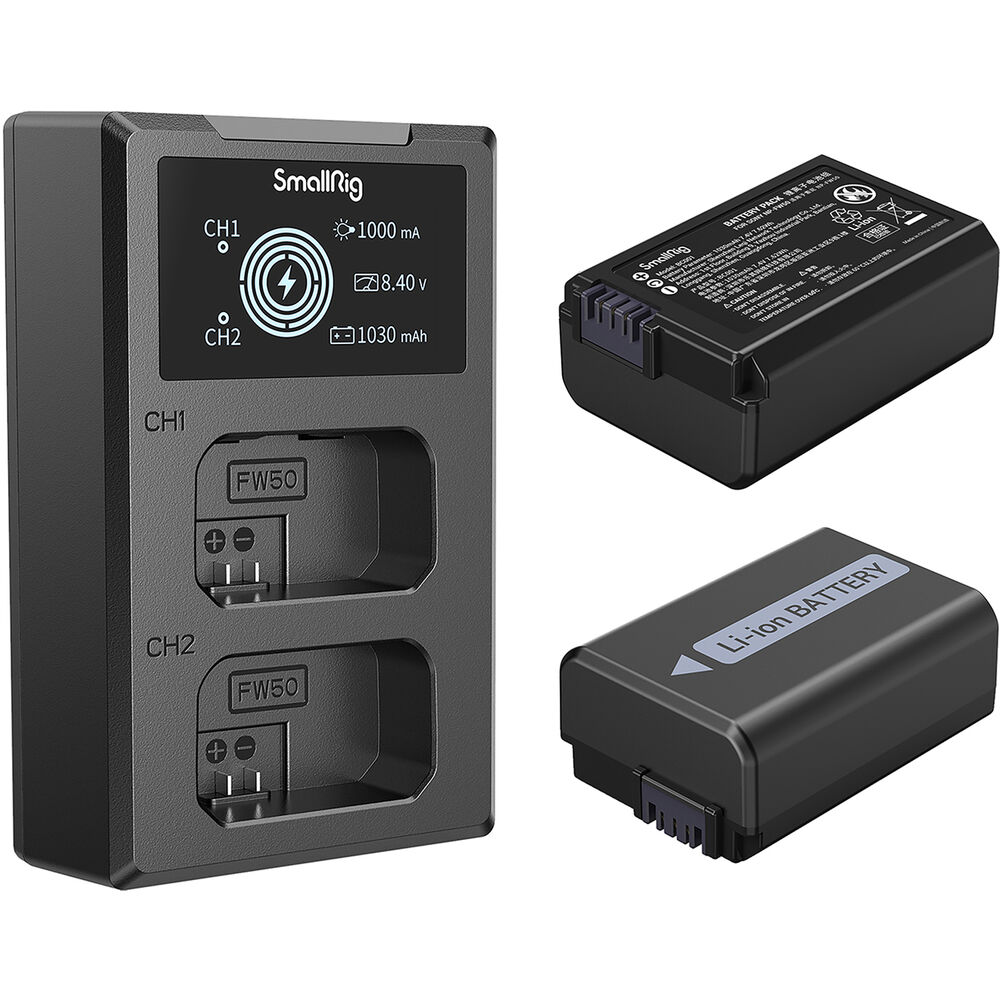 Kit de Carregador SmallRig com 2 Baterias NP-FW50 - compatível com a6100, a6400, a7S II e outros modelos.