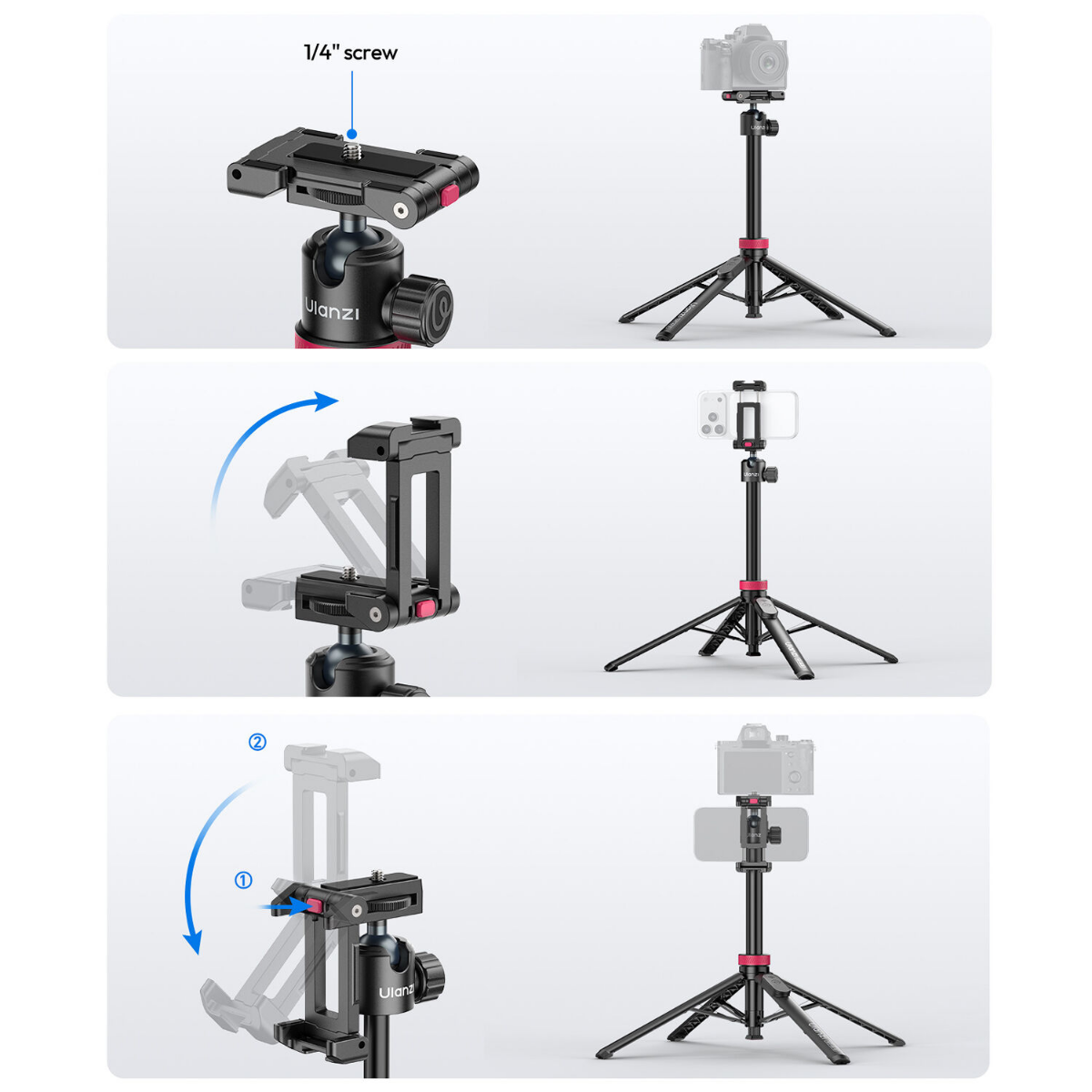 Quadripé para Vlog Ulanzi MT-44 (Preto) – Suporte 2 em 1 com Abertura Automática e Controle Remoto, Ball Head