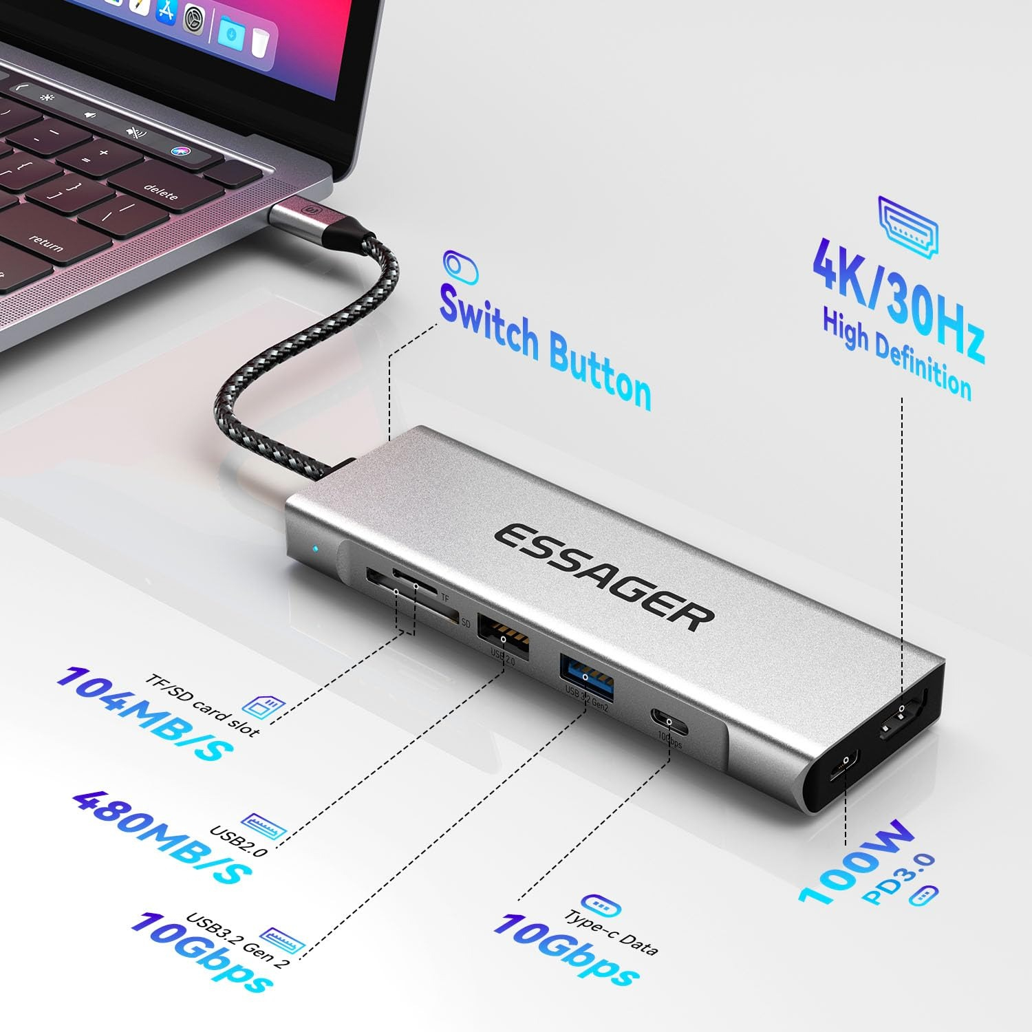 Adaptador 8 em 1 USB Tipo C Para HDMI 