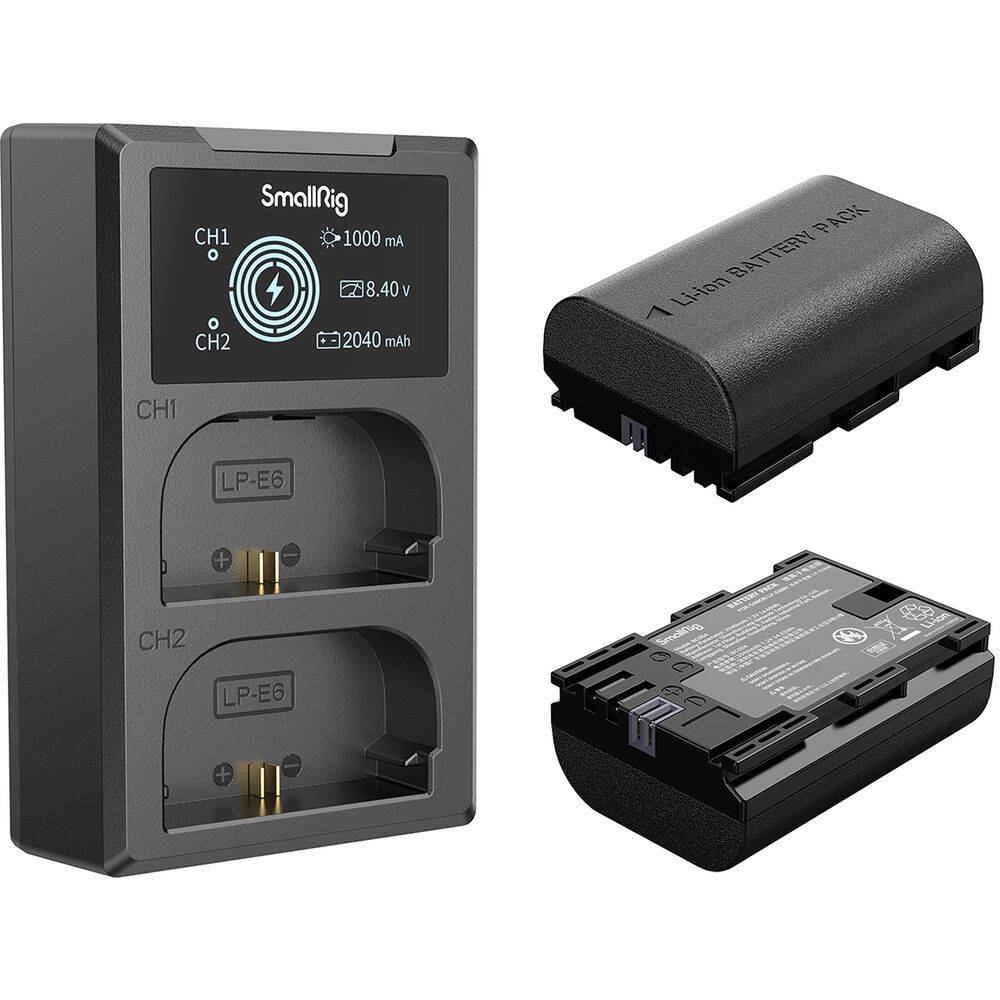 Kit de Carregador SmallRig com 2 Baterias LP-E6NH - compatível com R6, R7, 90D e outros modelos.