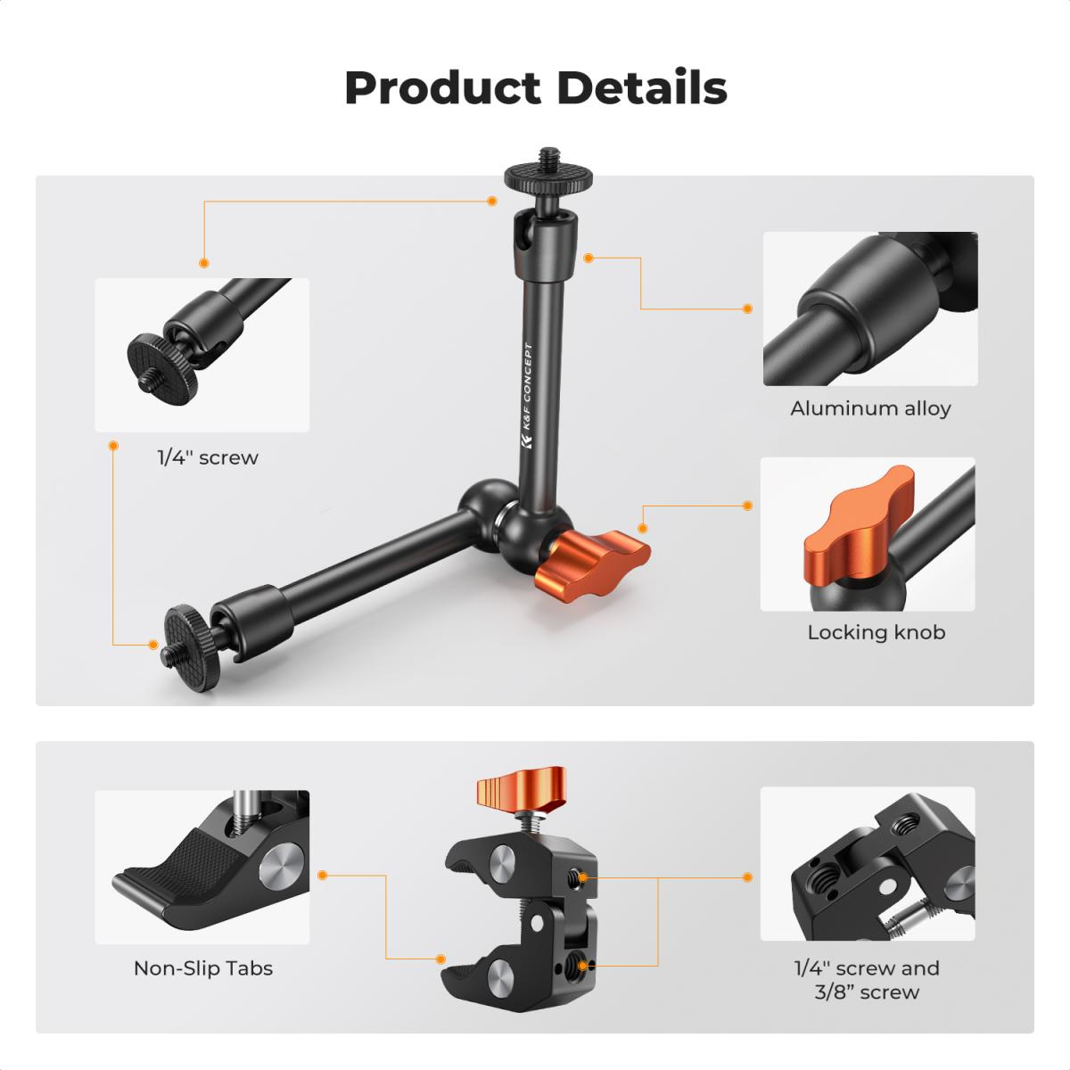 Braço Mágico K&F Concept 9,8" com Super Clamp – Articulado com Roscas 1/4" e 3/8" e Suporte Cold Shoe