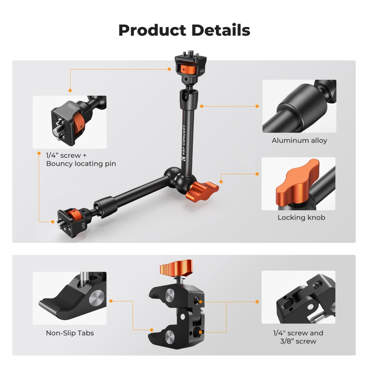 Braço Mágico K&F Concept 11" com Super Clamp – Articulado com Roscas 1/4" e 3/8" e Suporte Cold Shoe